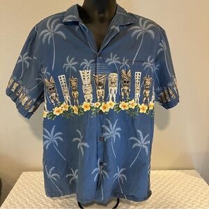 KY’S Made In Hawaii U.S.A. Men's Blue with Tikis Short Sleeve Hawaiian Shirt Men